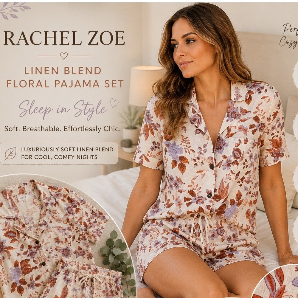 Rachel Zoe Linen Blend Floral Pajama Set Cream Orange Medium